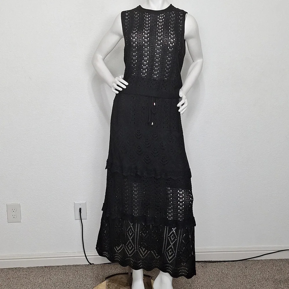 Solitaire "NEW" Black Witchy Crochet Whimsy Goth Top & Maxi Skirt Set Size S